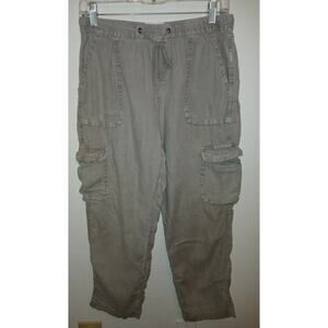 Nicole Miller Linen Drawstring Waist Sunwashed Cargo Pants Medium Taupe Brown